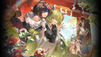 1boy 3girls animal animal_ears bird black_hair blue_hair braid cat cat_ears fake_animal_ears flower glasses gloves green_eyes green_hair hair_ornament highres himekawa_hibiki holding holding_animal holding_cat hug hug_from_behind igarashi_haruna japanese_clothes kisaragi_ren_(mahjong_soul) leaf long_hair looking_at_viewer mahjong_soul multicolored_hair multiple_girls official_art rainbow shide short_hair smile snow torii twin_braids waving yuzu_(mahjong_soul)