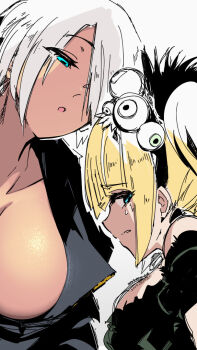 2girls angel_(kof) bobbles breasts cleavage commentary_request crop_top cropped_jacket crown eyeball eyeball_hair_ornament greyscale hair_over_one_eye jacket large_breasts leather leather_jacket long_hair makokujira mini_crown monochrome multiple_girls scared short_hair snk sylvie_paula_paula the_king_of_fighters the_king_of_fighters_xv underwear