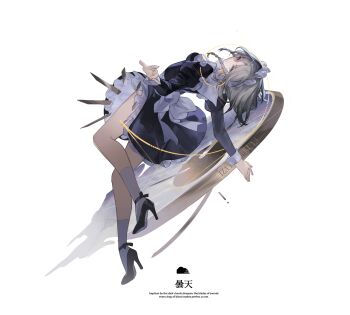 Rule 34 | 1girl, apron, back bow, black dress, black shoes, blue eyes, bow, braid, character name, closed mouth, cloud, commentary, dress, english text, flying, from side, full body, grey hair, hair between eyes, high heels, highres, izayoi sakuya, juliet sleeves, knife, long sleeves, looking at viewer, maid, maid headdress, puffy sleeves, reeh (yukuri130), shoes, short hair, simple background, socks, solo, touhou, touhou hisoutensoku, twin braids, white apron, white background, white bow, white socks