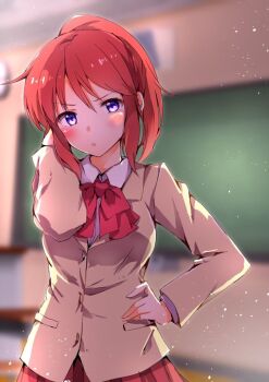 1girl blazer blurry blurry_background bow bowtie brown_hair brown_jacket ca2la chalkboard commentary_request hand_in_own_hair hand_on_own_hip high_ponytail indoors jacket jikkyou_powerful_pro_yakyuu ponytail power_pro_kun_pocket power_pro_kun_pocket_10 purple_eyes red_bow red_bowtie red_skirt school_uniform shinjou_shian shirt skirt solo white_shirt