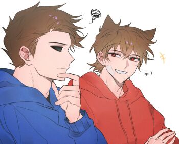 +++ 2boys :d alternate_eye_color animification blue_hoodie brown_hair commentary_request crossed_bangs double-parted_bangs drawstring eddsworld film_grain finger_to_own_chin grin hair_behind_ear hair_between_eyes hair_ears half-closed_eyes hand_up highres hollow_eyes hood hood_down hoodie korean_commentary long_sleeves looking_ahead looking_at_another male_focus multiple_boys open_mouth profile puffy_long_sleeves puffy_sleeves red_eyes red_hoodie s0uth_8ark short_hair simple_background smile squiggle tom_(eddsworld) tord_(eddsworld) upper_body very_short_hair white_background