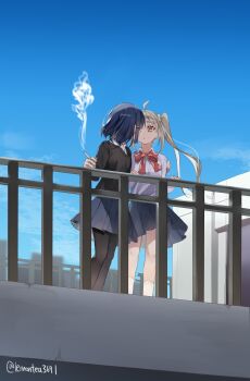 Rule 34 | 2girls, ahoge, black pantyhose, black sweater, blonde hair, blue hair, blue skirt, bocchi the rock!, bow, bowtie, cigarette, collared shirt, commentary request, hair ornament, hairclip, hand on another's shoulder, highres, holding, holding cigarette, ijichi nijika, imminent kiss, lemon t, multiple girls, open mouth, pantyhose, parallel hairclips, partial commentary, pleated skirt, railing, red bow, red bowtie, school uniform, shirt, short hair, side ponytail, skirt, sky, smoke, socks, sweater, white shirt, white socks, yamada ryo, yellow eyes, yuri