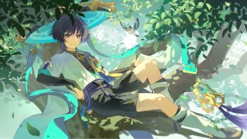 1boy aqua_gemstone armor arms_at_sides belt bird black_belt black_bodysuit black_bow black_bridal_gauntlets black_eyes black_hair black_leggings black_sandals black_shorts blue_hat blue_kimono blue_sleeves blunt_ends bodysuit bow bridal_gauntlets eyeliner eyeshadow feathers finch furisode gem genshin_impact gold gold_ring hair_intakes hakama hakama_shorts han&#039;eri hat highres japanese_armor japanese_clothes jingasa kimono kote kurokote layered_kimono layered_sleeves leg_warmers leggings looking_at_viewer lying makeup male_focus mandarin_collar middle_ring on_back on_tree open_clothes open_kimono parted_lips pleated_shorts pom_pom_(clothes) pu-xm purple_rope purple_sash red_eyeliner red_eyeshadow rope sandals sash scaramouche_(genshin_impact) short_sleeves shorts smile solo stirrup_legwear tassel toeless_legwear tree wanderer_(genshin_impact) white_kimono white_leg_warmers white_mouth white_sleeves yellow_feathers zouri