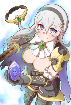Rule 34 | 1girl, amagumo1023, armor, black hairband, blue aura, blue eyes, breasts, cleavage, commentary request, emblem (fire emblem engage), emblem ring, female corrin (fire emblem), female corrin (nohr noble) (fire emblem), fire emblem, fire emblem engage, fire emblem fates, fire emblem heroes, from above, hair between eyes, hairband, highres, holding, holding sword, holding weapon, large breasts, long hair, looking at viewer, looking up, nintendo, official alternate costume, official alternate eye color, pointy ears, simple background, standing, sword, weapon, white background, white hair, yato (fire emblem)