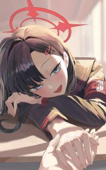 1girl 1other :d absurdres armband black_hair black_shirt blue_archive blush commentary_request fingernails grey_eyes hair_ornament hairclip halo highres holding_hands ichika_(blue_archive) indoors long_hair long_sleeves looking_at_viewer matcha_(matttttya1) multicolored_shirt open_mouth pov red_armband red_halo red_shirt shirt smile table two-tone_shirt