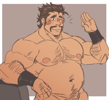 1boy alois_rangeld arm_hair bara belly brown_hair chest_hair closed_mouth commentary english_commentary facial_hair fire_emblem fire_emblem:_three_houses juggermelon male_focus muscular muscular_male navel navel_hair nintendo nipples one_eye_closed outside_border pectorals short_hair simple_background solo upper_body