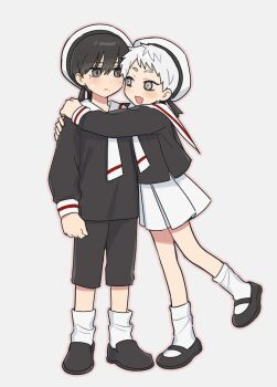 Rule 34 | 2boys, black hair, black shorts, blush, cardcaptor sakura, closed mouth, commentary request, cosplay, crossdressing, gum (tgrsgum), hat, highres, hikaru ga shinda natsu, hug, indou hikaru, kinomoto sakura, kinomoto sakura (cosplay), loafers, mole, mole on cheek, mole under mouth, multiple boys, multiple moles, necktie, open mouth, red pupils, sailor collar, sailor hat, school uniform, shoes, shorts, skirt, socks, tomoeda elementary school uniform, tsujinaka yoshiki, white hair, white necktie, white sailor collar, white skirt, white socks