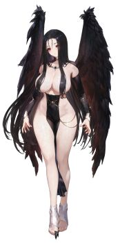 1girl black_gem black_hair black_loincloth black_shrug black_wings breasts brown_dust_(series) brown_dust_2 claw_(weapon) claw_ring collared_shrug convenient_hair detached_sleeves feathered_wings full_body gem hair_over_breasts highres jewelry loincloth long_hair necklace official_art olivier_(brown_dust) red_eyes revealing_clothes second-party_source shrug_(clothing) solo standing stirrup_footwear straight-on thighs transparent_background very_long_hair weapon wings