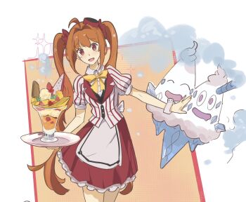 1girl 1other ahoge antenna_hair bow bowtie brown_hair commentary_request cup dress drinking_glass eiyuu_densetsu estelle_bright food hair_intakes highres holding holding_tray jacket long_hair looking_at_viewer momoseayuri nintendo open_mouth parfait parfait_glass pokemon pokemon_(creature) puffy_short_sleeves puffy_sleeves red_eyes short_sleeves simple_background smile sora_no_kiseki traditional_bowtie tray twintails very_long_hair waitress yellow_bow yellow_bowtie