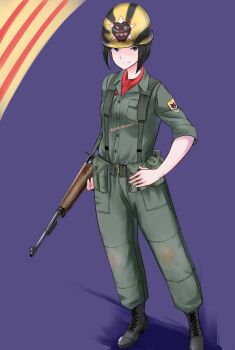 1girl army army_of_the_republic_of_vietnam bad_id bad_pixiv_id battle_rifle black_eyes black_hair bob_cut boots closed_mouth full_body gun helmet holding holding_gun holding_weapon m14 military military_uniform nguyen_tam_lee original rifle short_hair soldier solo weapon