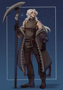 1boy a_date_with_death belt black_gloves black_shirt boots casper_(a_date_with_death) crossed_bangs fernskully full_body gloves grey_jacket hair_between_eyes heart highres holding holding_scythe jacket jacket_partially_removed jellyfish_cut long_hair looking_to_the_side male_focus planted red_eyes scythe shirt sky sleeveless sleeveless_shirt solo spoken_heart standing star_(sky) starry_sky turtleneck white_hair