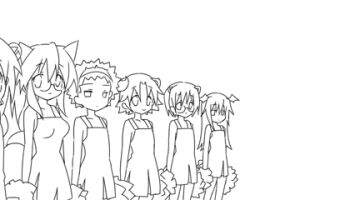 6+girls animal_ears animated animated_gif buffalo_(trickster) bunny_(trickster) cat_(trickster) cat_ears cat_tail cheerleader cosplay crossdressing crossdressing_(ftm) dragon_(trickster) fox_(trickster) fox_ears fox_tail glasses greyscale hiiragi_kagami hiiragi_tsukasa izumi_konata lineart lion_(trickster) long_hair lowres lucky_star monochrome motteke!_serafuku multiple_girls parody pom_pom_(cheerleading) rabbit_ears raccoon_(trickster) sheep_(trickster) short_hair siblings sisters skirt tail takara_miyuki trickster_(ntreev_soft) twins