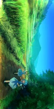 2girls blue_sky bo_cota bush cirno daiyousei dappled_sunlight grass highres mountain mountainous_horizon multiple_girls outdoors path plant road scenery shadow sky sunlight tall_grass touhou tree tree_shade