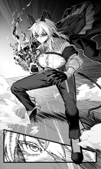 1girl absurdres armband breasts button_gap chest_harness clenched_hand closed_mouth collared_shirt commentary demon_tail english_commentary flaming_hand floating_clothes gloves greyscale half_gloves harness high_heels highres horns incoming_attack jacket jacket_on_shoulders large_breasts long_hair looking_at_viewer monochrome necktie pants revision shirt sleeves_rolled_up solo tail tu_thanh v-shaped_eyebrows wuthering_waves zani_(wuthering_waves)