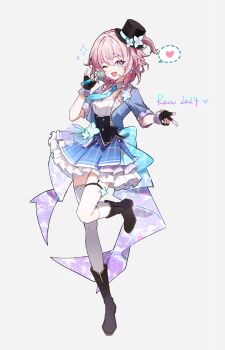 1girl 2024 absurdres adapted_costume back_bow black_boots black_corset black_gloves black_hat blue_bow blue_eyes blue_jacket blue_necktie blue_skirt boots bow bow_earrings braid cherilynorz collar collarbone corset cropped_jacket detached_collar dot_nose earrings eyelashes fang finger_gun fingerless_gloves flower frilled_skirt frills full_body gloves gold_buttons gradient_bow grey_background hair_between_eyes happy hat hat_flower heart highres holding holding_microphone honkai:_star_rail honkai_(series) idol jacket jewelry lace lace-trimmed_thighhighs lace_trim leg_up light_blush long_hair long_sleeves march_7th_(honkai:_star_rail) microphone mini_hat mini_top_hat miniskirt mismatched_thighhighs multicolored_eyes necktie one_eye_closed one_side_up open_clothes open_jacket open_mouth pink_eyes pink_hair plaid_clothes plaid_skirt plaid_wrist_cuffs pleated_skirt purple_bow purple_wrist_cuffs ribbed_thighhighs shirt side_braids signature simple_background skirt sleeve_cuffs smile solo sparkle speech_bubble spoken_heart strapless strapless_shirt thighhighs three-quarter_sleeves top_hat twin_braids two-tone_bow two-tone_eyes white_collar white_flower white_shirt white_thighhighs wrist_cuffs