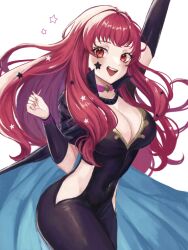 Rule 34 | 1girl, :d, arm up, bodysuit, breasts, choker, cleavage, commentary, covered navel, cowboy shot, facial mark, fire emblem, fire emblem engage, highres, hip vent, large breasts, long hair, looking at viewer, nintendo, open mouth, pink choker, red eyes, red hair, redrawn, simple background, smile, solo, standing, star (symbol), thighs, very long hair, white background, yunaka (fire emblem), zqzbq