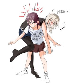 +++ 2girls absurdres black_choker black_pantyhose black_shirt blue_eyes blue_shorts blush brown_hair carrying carrying_person chinese_commentary choker closed_eyes closed_mouth clothes_writing commentary_request drunk girls_band_cry grey_hair haidao_mao hair_between_eyes highres iseri_nina kawaragi_momoka long_hair multicolored_hair multiple_girls no_shoes open_mouth panties panties_under_pantyhose pantyhose pleated_skirt red_skirt roots_(hair) shirt short_hair short_sleeves shorts simple_background skirt socks teeth underwear upper_teeth_only white_background white_shirt white_socks