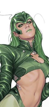 1girl alternate_costume artist_name bra cropped_jacket eyeshadow green_bra green_eyes green_eyeshadow green_hair green_jacket green_lips green_panties green_pantyhose highres jacket jswayart long_hair makeup marvel navel panties pantyhose polaris_(x-men) simple_background solo underwear white_background x-men