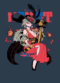 1girl bracelet breasts cleavage coat commentary_request dice dice_earrings dress earrings full_body fur-trimmed_coat fur_trim hair_between_eyes hat_feather high_heels highres holding invisible_chair jewelry light_smile mole monster_strike red_dress red_eyes red_smydra short_hair simple_background sitting solo takeuchi_ryousuke walpurgis_(monster_strike)