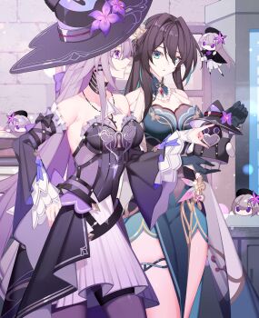 2girls bare_shoulders black_dress black_hair black_hat breasts brown_hair cleavage clothing_cutout commentary_request detached_sleeves dress flower gloves green_eyes hair_between_eyes hair_ornament hat hat_flower herta_(honkai:_star_rail) herta_(puppet)_(honkai:_star_rail) highres honkai:_star_rail honkai_(series) jewelry large_breasts long_hair multiple_girls nami_qi necklace pantyhose purple_eyes purple_flower ruan_mei_(honkai:_star_rail) shoulder_cutout smile the_herta_(honkai:_star_rail) very_long_hair witch_hat