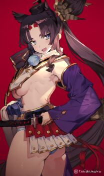 1girl :d armor ass asymmetrical_sleeves black_hair blue_eyes blue_gloves blue_panties blush breasts detached_sleeves fang fate/grand_order fate_(series) female_focus gloves hair_ornament hat japanese_armor katana kusazuri long_hair looking_at_viewer medium_breasts mismatched_sleeves open_mouth panties pom_pom_(clothes) red_background revealing_clothes sheath sheathed shoulder_armor side_ponytail simple_background smile sode solo standing sword toridamono underboob underwear ushiwakamaru_(fate) ushiwakamaru_(second_ascension)_(fate) very_long_hair weapon