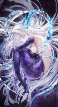 1girl absurdres ass backless_bodysuit bodysuit breasts commentary dark_background english_commentary glowing glowing_eyes goddess_of_victory:_nikke highres mole mole_on_breast multicolored_bodysuit nayuta_(nikke) nayuta_(wu_wei)_(nikke) official_alternate_costume renoahh revision solo space_skin thick_eyelashes unusually_open_eyes white_hair