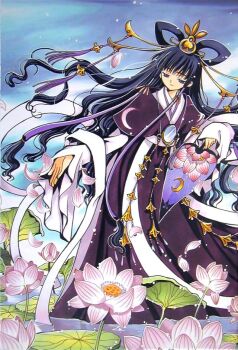 00s 1girl clamp female_focus flower hair_rings hair_tubes half-closed_eyes hand_fan japanese_clothes jewelry lily_pad long_hair lotus mirror outdoors petals purple_eyes purple_hair solo tomoyo_hime traditional_media tsubasa_chronicle very_long_hair wading water wavy_hair