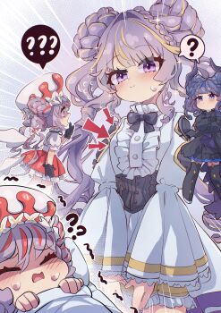 3girls ? ?? absurdres angel angel_and_devil angel_wings angello_vaalmonica black_dress black_gloves black_thighhighs blush braid breasts c_civciv closed_eyes closed_mouth crossed_arms demon demon_girl demon_wings dimonno_vaalmonica double_bun dreaming dress duel_monster frilled_shirt frills gloves hair_bun highres long_hair long_sleeves looking_at_another multicolored_hair multiple_girls nightmare puffy_short_sleeves puffy_sleeves purple_eyes purple_hair selettrice_vaalmonica shirt short_sleeves sleeping small_breasts smile speech_bubble spoken_question_mark sweat thighhighs twin_braids very_long_hair white_gloves white_shirt wings yu-gi-oh!