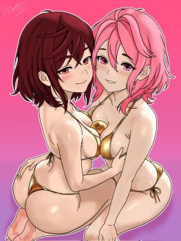 2girls ass asymmetrical_docking ayase_momo ball barefoot between_breasts bikini blush breast_press breasts brown_hair cleavage collarbone commentary crossed_bangs dandadan english_commentary gold_bikini gradient_background halterneck hand_on_another's_ass hand_on_another's_chest highres large_breasts looking_at_viewer multiple_girls open_mouth outline parted_lips pflamingoart pink_background pink_hair purple_background purple_eyes red_eyes seiza shiratori_aira_(dandadan) short_hair side-tie_bikini_bottom signature sitting smile soles swimsuit thighs toes white_outline