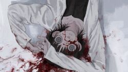 Rule 34 | 1boy, black hair, blood, blood on clothes, blood on face, blood on hands, blood on snow, end80236189, from above, grey eyes, highres, long sleeves, lying, male focus, original, pale skin, parted lips, shirt, snow, solo, upside-down, white shirt, wide-eyed