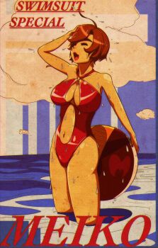 1girl absurdres ball beach beachball breasts cleavage cleavage_cutout clothing_cutout commentary english_commentary highres holding holding_ball holding_beachball meiko_(vocaloid) monochrome_jo one-piece_swimsuit red_hair red_one-piece_swimsuit smile swimsuit vocaloid