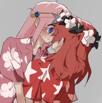 Rule 34 | 2girls, alternate costume, anago (anago ng), blue eyes, blush, bocchi the rock!, cube hair ornament, eye contact, eyewear on head, face-to-face, floral print shirt, gotoh hitori, grey background, hair ornament, head wreath, highres, kita ikuyo, korean commentary, long hair, looking at another, multiple girls, pink hair, pink shirt, red hair, red shirt, shirt, shirt under shirt, side ahoge, simple background, star-shaped eyewear, star (symbol), sweat, yuri