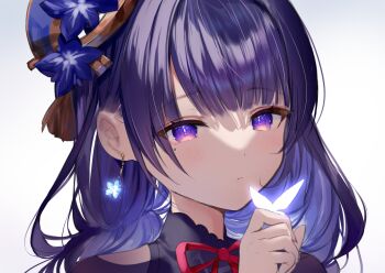 Rule 34 | 1girl, blunt bangs, blush, braid, bridal gauntlets, bug, butterfly, butterfly on hand, closed mouth, commentary, crystalfly (genshin impact), earrings, fan hair ornament, genshin impact, glowing, glowing butterfly, glowing earrings, gradient background, grey background, head tilt, highres, insect, japanese clothes, jewelry, kimono, long braid, long hair, mole, mole under eye, multicolored eyes, multicolored hair, neck ribbon, off shoulder, purple eyes, purple hair, purple kimono, raiden shogun, red ribbon, ribbon, shy, single braid, solo, ume (plumblossom), upper body