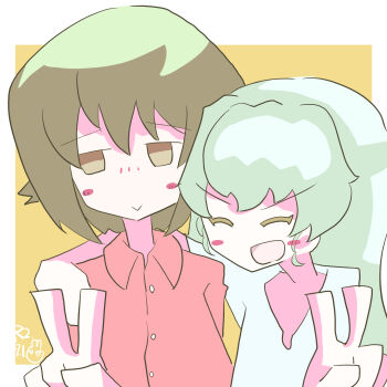 2girls anchovy_(girls_und_panzer) arm_on_another's_shoulder arm_over_shoulder blush brown_eyes brown_hair buttons closed_eyes closed_mouth girls_und_panzer green_hair green_shirt highres long_hair looking_to_the_side multiple_girls navel nishizumi_maho open_mouth red_shirt shirt short_hair simple_background supergtjr v