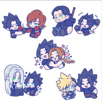 105zz 1girl 5boys aerith_gainsborough angeal_hewley aqua_eyes arm_around_back armor belt black_coat black_hair blonde_hair blue_eyes blush braid braided_ponytail brown_belt brown_hair buster_sword cheek_pinching chibi chibi_only clenched_teeth closed_eyes cloud_strife coat crisis_core:_final_fantasy_vii dress facial_hair final_fantasy final_fantasy_vii furrowed_brow genesis_rhapsodos green_scarf grey_hair hair_ribbon hand_on_another's_head head_on_hand multiple_boys open_mouth pauldrons pinching pink_ribbon red_coat ribbon scarf sephiroth shinra_infantry_uniform shoulder_armor sidelocks single_braid sleeveless sleeveless_turtleneck smile strapless strapless_dress suspenders tears teeth turtleneck upper_body weapon weapon_on_back white_dress zack_fair