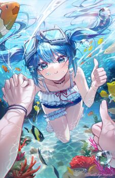 1girl 1other absurdres air_bubble angelfish arahashi_tabi artist_name black_choker blue_eyes blue_hair blush bubble butterflyfish camisole caustics choker closed_mouth clownfish collarbone commentary_request coral cutoffs day denim denim_shorts dutch_angle film_grain fingernails fish floating_hair foreshortening frilled_thigh_strap full_body goggles goggles_on_head hair_between_eyes highres holding_hands interlocked_fingers jinbin825 korean_commentary long_bangs long_hair looking_at_viewer ocean out_of_frame sandals seafloor short_shorts shorts solo_focus stellive swimming thigh_strap thumbs_up torn_clothes torn_shorts twintails underwater virtual_youtuber white_camisole