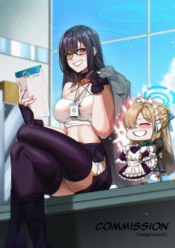 2girls asuna_(blue_archive) black_gloves black_thighhighs blue_archive blue_eyes breasts changecolor clean closed_mouth commission commissioner_insert crossed_arms envelope female_sensei_(blue_archive) fingerless_gloves glasses gloves grin halo highres holding holding_envelope id_card looking_at_viewer maid maid_headdress medium_breasts midriff multiple_girls original sensei_(blue_archive) sitting smile thighhighs