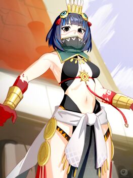 1girl absurdres bare_shoulders black_hair black_skirt blood blood_on_hands blue_hair bracer breasts colored_inner_hair dantonphanton detached_collar facepaint fate/grand_order fate_(series) feathers grey_eyes halterneck headdress high_collar highres looking_at_viewer multicolored_hair pelvic_curtain sash short_hair sidelocks skirt small_breasts solo tassel temple tenochtitlan_(fate) tenochtitlan_(first_ascension)_(fate) thighs