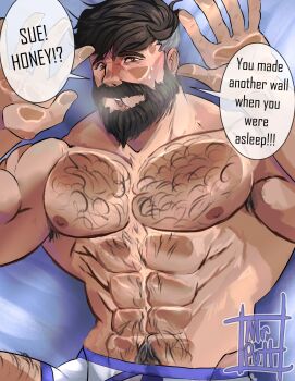 1boy abs armpit_hair bara beard bed chest_hair connected_beard facial_hair fantastic_four highres male_underwear marvel marvel_rivals mature_male mrputt multicolored_hair muscular muscular_male on_bed reed_richards short_hair speech_bubble two-tone_hair underwear underwear_only