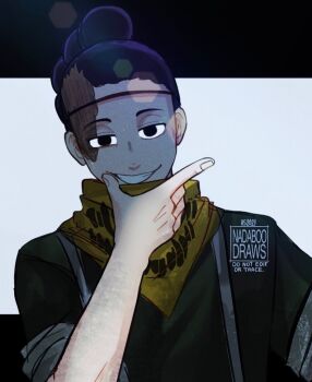 Rule 34 | 1boy, alternate universe, black eyes, boku no hero academia, commentary, dated, english commentary, grin, highres, lens flare, male focus, mineta minoru, nadaboodraws, neckerchief, purple hair, scar, scar on face, smile, solo, upper body, watermark, yellow neckerchief