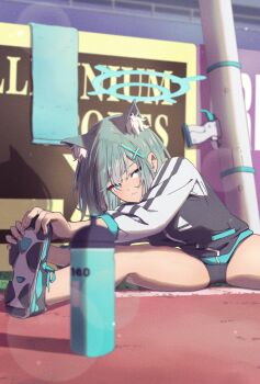 1girl animal_ear_fluff animal_ears bloomers blue_archive blue_halo buruma commentary_request cross_hair_ornament extra_ears grey_hair gym_uniform hair_ornament halo hands_on_own_foot highres jacket matsumoto_yutaka multicolored_jacket shiroko_(blue_archive) solo split sportswear spread_legs stretching two-tone_jacket underwear wide_spread_legs wolf_ears wolf_girl