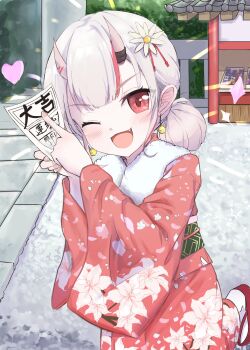1girl :d commentary dot_nose earrings fang floral_print flower hair_between_horns hair_flower hair_ornament heart highres holding_omikuji hololive horns japanese_clothes jewelry kimono long_sleeves looking_at_viewer multicolored_hair nakiri_ayame omikuji one_eye_closed oni open_mouth outdoors red_eyes red_hair skin-covered_horns smile socks soramaru virtual_youtuber white_hair white_socks wide_sleeves