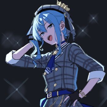 1girl ascot belt beret black_gloves blue_ascot blue_belt blue_choker blue_eyes blue_hair choker dress from_side gloves grey_dress grey_hat hair_between_eyes hand_on_own_hip hat hololive hoshimachi_suisei hoshimachi_suisei_(1st_costume) open_mouth partially_fingerless_gloves smile solo upper_body yep_(70837259)