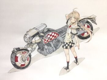 1girl arm_up black_shoes black_skirt black_socks blonde_hair checkered_clothes checkered_skirt commentary drawstring from_above full_body highres hood hood_down hoodie long_hair looking_at_viewer looking_back low_ponytail miniskirt motor_vehicle motorcycle original peter_salt ponytail red_eyes red_shirt shirt shoes skirt sneakers socks solo standing traditional_media white_background white_hoodie