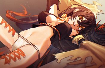 1girl amo_empool black_hair breasts center_opening cleavage commentary gachiakuta hair_between_eyes highres large_breasts long_hair looking_at_viewer multicolored_hair navel open_mouth orange_eyes orange_hair revealing_clothes sattari smile solo two-tone_hair