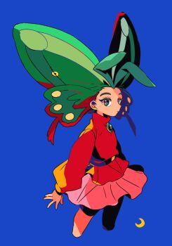 1girl antennae blue_background blue_eyes brooch commentary_request cropped_legs full_body head_wings highres jewelry long_sleeves looking_at_viewer mizuki_tsukimori pink_skirt pleated_skirt red_shirt shirt simple_background skirt solo wings yadamon yadamon_(character)