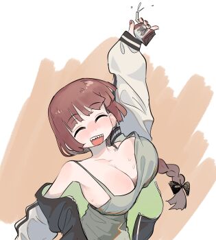 1girl ^_^ absurdres alcohol_carton alternate_breast_size_(larger) arm_up bare_shoulders bocchi_the_rock! bouncing_breasts bow braid breasts brown_hair cleavage closed_eyes commentary dress facing_viewer frogsnake green_dress hair_bow highres hiroi_kikuri holding huge_breasts jacket long_hair no_bra open_clothes open_jacket outstretched_arm sharp_teeth simple_background single_braid sleeveless sleeveless_dress smile solo teeth unaligned_breasts upper_body white_jacket