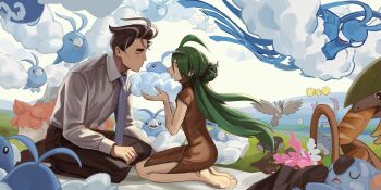 1boy 1girl ahoge altaria alternate_hairstyle baguette bandaid bandaid_on_foot barefoot bird black_hair blue_necktie bread brown_dress camerupt china_dress chinese_clothes chinese_commentary clodsire closed_eyes commentary_request donphan dress feet flamigo food gen_2_pokemon gen_3_pokemon gen_4_pokemon gen_7_pokemon green_hair grey_hair hair_bun highres holding holding_pokemon komala lake larry_(pokemon) multicolored_hair necktie nicca_(nicca11y) nintendo oricorio oricorio_(pom-pom) picnic pokemon pokemon_(creature) pokemon_sv rika_(pokemon) seiza single_hair_bun sitting soles staraptor streaked_hair swablu toes tropius two-tone_hair