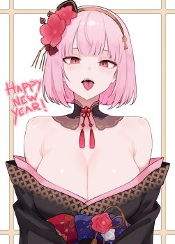 1girl absurdres armpit_crease bare_shoulders black_kimono bluefield blush bob_cut breasts brown_hairband cleavage commentary english_commentary flower hair_flower hair_ornament hairband happy_new_year highres hololive hololive_english huge_breasts japanese_clothes kanzashi kimono looking_at_viewer medium_hair mori_calliope mori_calliope_(new_year) new_year official_alternate_costume official_alternate_hair_length official_alternate_hairstyle open_mouth pink_eyes pink_flower pink_hair shiny_skin short_hair solo tassel teeth tongue tongue_out upper_teeth_only virtual_youtuber white_background