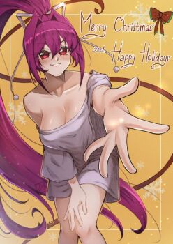1girl blush breasts cleavage collarbone commentary cowboy_shot english_commentary fang grey_shirt hair_intakes hair_ribbon hand_on_own_leg happy_holidays highres inset_border large_breasts leaning_forward long_hair looking_at_viewer merry_christmas naked_shirt outstretched_hand ponii ponytail purple_hair reaching reaching_towards_viewer red_eyes ribbon shirt single_off_shoulder smile snowflakes solo under_night_in-birth very_long_hair white_ribbon yellow_background yuzuriha_(under_night_in-birth)